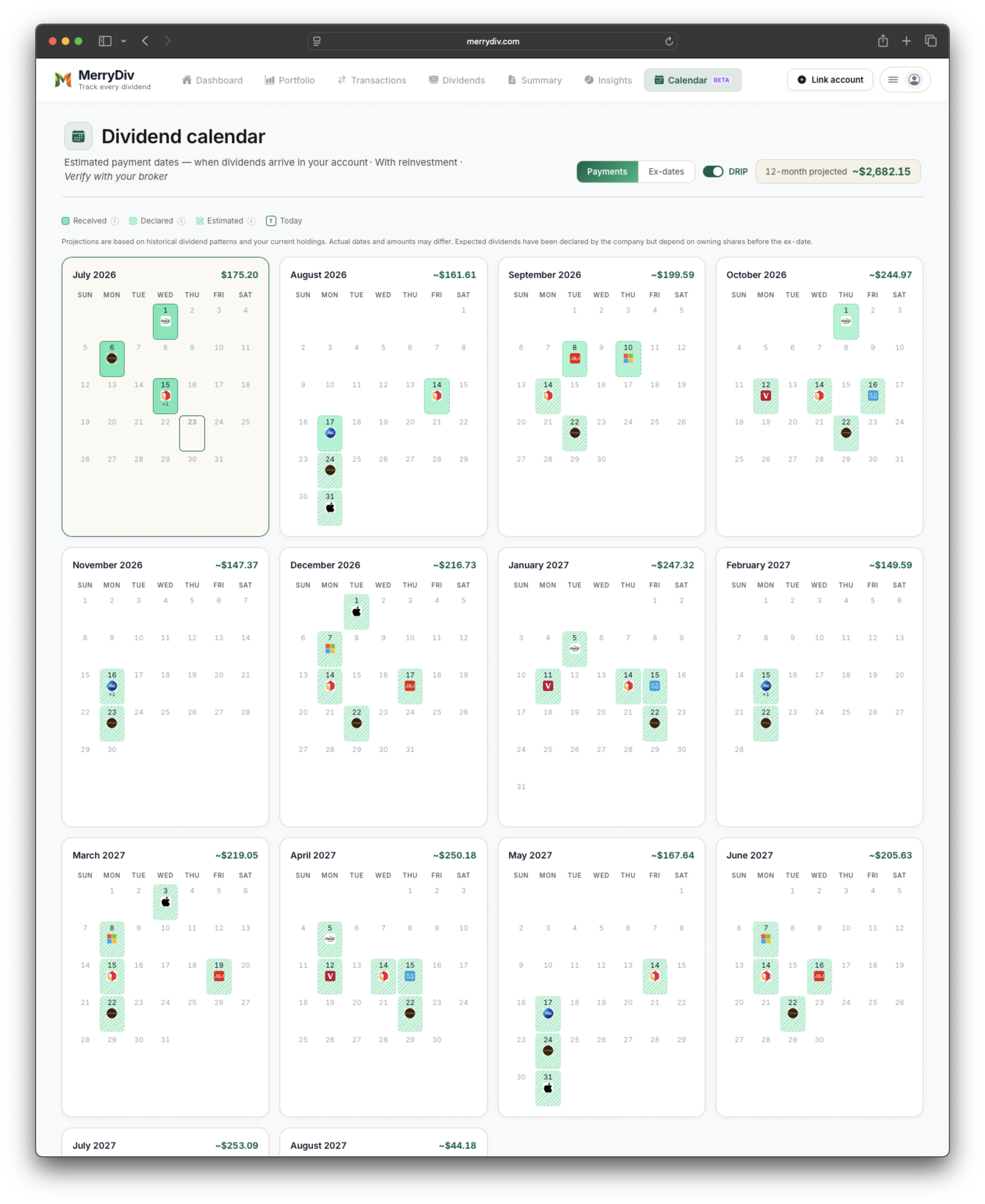 MerryDiv dividend calendar showing SCHD, SCHY, and Schwab-family ETF payment dates